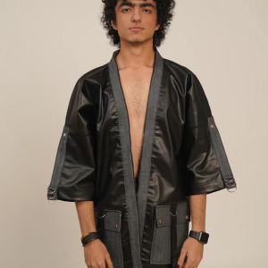 Shadow Clone Kimono Faux Leather Shirt-Jacket (Grey Denim)
