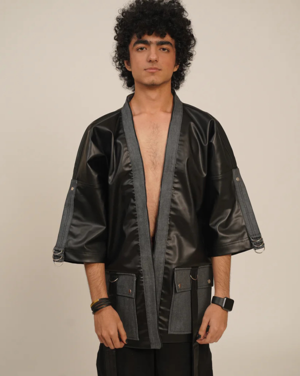 Shadow Clone Kimono Faux Leather Shirt-Jacket (Grey Denim)