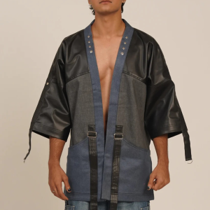 Shogun’s Armor Kimono Faux Leather Shirt-Jacket (Blue & Grey Denim)